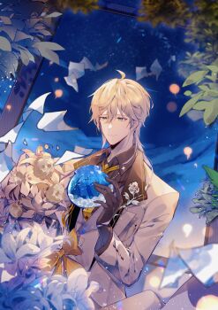 1boy absurdres ahoge alkaid_mcgrath alkaid_mcgrath_(star's_glow) black_gloves black_shirt blonde_hair bouquet boutonniere bow chinese_commentary closed_mouth collared_shirt commentary commentary_request contrast_lapels english_commentary flower flying_paper gloves green_eyes grey_vest hair_between_eyes hand_up highres holding holding_bouquet holding_snow_globe jacket lapels lens_flare light_particles lily_(flower) long_sleeves looking_at_object lovebrush_chronicles male_focus medium_hair mixed-language_commentary nash5 necktie night notched_lapels official_alternate_costume open_clothes open_jacket paper rose shirt sky smile snow_globe solo star_(sky) starry_sky suit_jacket tree upper_body vest white_flower white_jacket white_lily white_rose window yellow_bow yellow_necktie