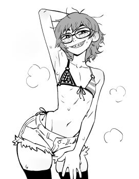 1girl american_flag american_flag_bikini american_flag_print armpits bikini black_thighhighs borrowed_character braces colo_(nagrolaz) flag_print flag_print_bikini flat_chest freckles glasses greyscale highres jimiko messy_hair monochrome neet_girl_(baalbuddy) original print_bikini ribs short_shorts shorts simple_background skinny steam steaming_body swimsuit thighhighs white_background