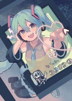 Rule 34 | :d, absurdres, ameshi (rzuw4482), aqua eyes, aqua hair, aqua necktie, aqua trim, black skirt, black sleeves, black thighhighs, body writing, commentary, detached sleeves, double-parted bangs, fang, finger writing, from above, grey shirt, hair between eyes, hand on headset, hatsune miku, headset, highres, kagamine len, kagamine rin, kaito (vocaloid), long hair, long sidelocks, long sleeves, looking at viewer, looking up, megurine luka, meiko (vocaloid), necktie, open mouth, pleated skirt, shirt, sidelocks, skirt, sleeveless, sleeveless shirt, smile, spring onion, straight hair, thighhighs, through medium, through screen, tie clip, twintails, very long hair, vocaloid