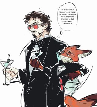 2boys 4istfuerimmer animal_ear_fluff animal_ears animal_nose avengers_(series) belt black_belt black_bow black_bowtie black_hair black_jacket black_pants bow bowtie brown_eyes chinese_commentary claws closed_mouth cocktail_glass collared_shirt commentary_request cowboy_shot crossover cup drinking_glass english_text facial_hair formal_clothes fox_boy fox_ears fox_tail furry furry_male green_eyes grey-framed_eyewear half-closed_eyes hand_up highres holding holding_cup holding_removed_eyewear jacket lapels long_sleeves looking_at_another male_focus martini marvel multiple_boys nick_wilde open_clothes open_jacket orange_fur pants red-tinted_eyewear shirt short_hair simple_background smile sparkle speech_bubble standing suit suit_jacket sunglasses tail thought_bubble tinted_eyewear tony_stark unworn_eyewear white_background white_shirt zootopia