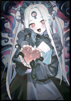 1girl abigail_williams_(fate) black_dress blush double_bun dress fate/grand_order fate_(series) flat_chest hair_bun heart highres keyhole long_hair looking_at_viewer nemo_(leafnight) open_mouth pale_skin parted_bangs red_eyes sharp_teeth sketch smile solo teeth tentacles third_eye very_long_hair white_hair