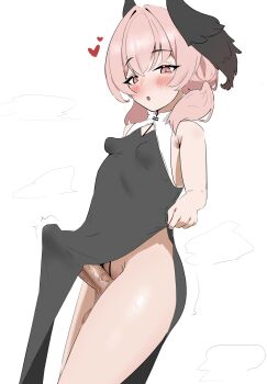 1girl absurdres black_dress black_wings blue_archive blush breasts bulge cowboy_shot dress erection erection_under_clothes from_side futanari head_wings heart highres koharu_(blue_archive) koi45 large_penis looking_at_viewer looking_to_the_side open_mouth pelvic_curtain penis penis_peek pink_eyes pink_hair simple_background sleeveless sleeveless_dress small_breasts solo veins veiny_penis white_background wings