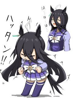 1girl ahoge animal_ears black_hair bow bowtie chibi closed_eyes ear_tag earrings hair_between_eyes highres horse_ears horse_girl horse_tail jewelry long_bangs long_hair long_hair_between_eyes long_sleeves magnoliko manhattan_cafe_(umamusume) multicolored_hair open_mouth purple_sailor_collar purple_serafuku purple_shirt purple_skirt purple_thighhighs sailor_collar sailor_shirt school_uniform serafuku shirt single_earring skirt sneezing tail thighhighs tracen_school_uniform umamusume very_long_hair white_bow white_bowtie white_hair yellow_eyes