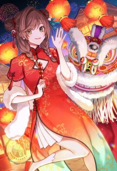 Rule 34 | 1girl, aerial fireworks, artem wing (tears of themis), braid, breasts, brown eyes, brown hair, china dress, chinese clothes, cleavage, cleavage cutout, closed mouth, clothing cutout, commentary request, double bun, dress, fireworks, food, hair bun, hair over shoulder, holding, holding food, lantern, lion dance, long hair, low twintails, luke pearce (tears of themis), marius von hagen (tears of themis), night, outdoors, paper lantern, pleated skirt, red dress, red shoes, rosa (tears of themis), shishimai, shoes, short sleeves, single hair intake, skirt, sky, smile, socks, solo, sui hisaki, tears of themis, twin braids, twintails, vyn richter (tears of themis), white skirt, white socks