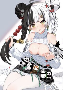 1girl :p absurdres alternate_costume bandaid bandaids_on_nipples black_hair black_skirt braid breasts commentary_request dialyn_(zenless_zone_zero) double_bun hair_bun highres kkkula_(kula) looking_at_viewer medium_breasts multicolored_hair pantyhose pasties plaid_clothes plaid_skirt sitting skirt solo sweater tongue tongue_out turtleneck turtleneck_sweater twin_braids two-tone_hair white_hair white_pantyhose white_sweater zenless_zone_zero