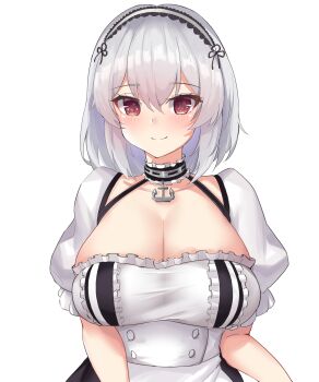 1girl absurdres anchor_choker azur_lane breasts choker cleavage collar commentary dress frilled_choker frilled_dress frilled_hairband frills gunpuu hairband highres huge_breasts light_blush light_smile looking_at_viewer metal_collar puffy_short_sleeves puffy_sleeves red_eyes short_hair short_sleeves sirius_(azur_lane) solo upper_body white_hair