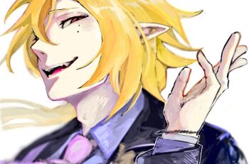 1boy black_coat blonde_hair coat commentary_request hair_between_eyes hugo_vlad lapel_pin long_hair looking_to_the_side male_focus mole mole_under_eye necktie noyan_ya open_mouth pointy_ears profile purple_necktie purple_shirt red_eyes shirt simple_background solo white_background zenless_zone_zero