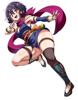 1girl :d absurdres black_hair blue_dress blue_panties blush breasts bridal_gauntlets brown_eyes commentary_request commission dress flower full_body hair_flower hair_ornament highres indoors looking_at_viewer magukappu mizuno_ai ninja open_mouth panties pixiv_commission purple_scarf scarf short_hair simple_background small_breasts smile solo standing standing_on_one_leg teeth thigh_strap thighs underwear upper_teeth_only white_background wide_hips zombie_land_saga