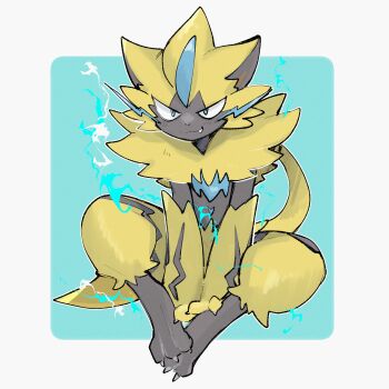 1other :3 animal_ears animal_hands aqua_background black_fur blue_eyes blue_fur body_fur border cat_ears claws closed_mouth electricity fang full_body furry gen_7_pokemon highres legendary_pokemon looking_at_viewer multicolored_fur mythical_pokemon neck_fur nintendo pokemon pokemon_(creature) simple_background sitting solo sstoh whiskers white_border yellow_fur zeraora