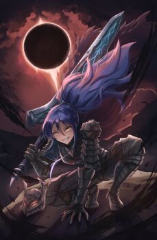 1girl armor blue_hair cape commentary commission cosplay dark_souls_(series) double-parted_bangs eclipse eiyuu_densetsu english_commentary floating_cape floating_hair full_body highres holding holding_sword holding_weapon huge_weapon long_hair sen_no_kiseki_(series) skyde_kei solar_eclipse solo squatting sword vgen_commission weapon yellow_eyes