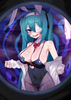 1girl @_@ absurdres animal_ear_hairband animal_ears aqua_hair black_leotard blue_eyes breasts coat cowboy_shot disembodied_eye eyepatch fake_animal_ears fishnet_pantyhose fishnets hahyaha hairband hatsune_miku highres jacket large_breasts leotard looking_at_viewer medical_eyepatch monitoring_(vocaloid) naughty_face necktie off_shoulder one_eye_covered open_mouth pantyhose playboy_bunny pov_peephole purple_eyes rabbit_ear_hairband rabbit_ears rabbit_hole_(vocaloid) red_necktie removing_jacket ringed_eyes short_necktie smile solo songover standing sweat twintails vocaloid white_coat white_jacket