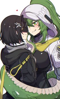 Rule 34 | 2girls, absurdres, arknights, arknights: endfield, black bodysuit, black coat, black hair, blush, bodysuit, coat, endministrator (arknights), female endministrator (arknights), fluorite (arknights), green eyes, green hair, green tail, heart, highres, hinghoi, hooded shrug, lizard tail, long hair, mask, multiple girls, reptile girl, shrug (clothing), simple background, sweatdrop, sweater, tail, wavy mouth, white background, white sweater, yuri