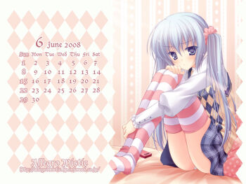 Rule 34 | argyle background, argyle clothes, argyle sweater vest, blue eyes, blue hair, blush, calendar, frilled sleeves, frills, hugging own legs, long hair, long sleeves, original, panties, pantyshot, plaid clothes, plaid skirt, scrunchie, shirt, sitting, skirt, solo, striped background, striped clothes, striped thighhighs, sweater vest, takano yuki (allegro mistic), thighhighs, twintails, underwear, vertical stripes, vest, white shirt