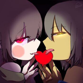 2others androgynous bare_shoulders brown_hair chara_(undertale) frisk_(undertale) heart highres looking_at_viewer mona:dio multiple_others open_mouth red_eyes red_soul_(utdr) short_hair simple_background smile soul_(utdr) tongue tongue_out undertale utdr_(toby_fox) yellow_eyes