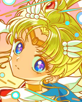 1girl bishoujo_senshi_sailor_moon blonde_hair blue_eyes blue_sailor_collar choker circlet close-up closed_mouth commentary crescent crescent_earrings double_bun earrings eyelashes hair_bun highres jewelry looking_at_viewer magical_girl parted_bangs prettysavage30 sailor_collar sailor_moon sailor_senshi_uniform solo tsukino_usagi twintails