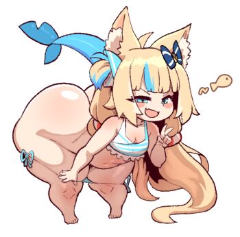 1girl animal_ears ass bent_over bikini bikini_pull blonde_hair blue_eyes blue_hair blunt_bangs blush bottomless bow clothes_pull curvy fins fish_girl fish_tail flat_chest hair_bow huge_ass indie_virtual_youtuber kyojiri_loli leaning_forward loli long_hair looking_at_viewer multicolored_hair open_mouth sameko_saba smile smug solo swimsuit tail theyeager thick_thighs thighs transparent_background twintails v very_long_hair virtual_youtuber wide_hips
