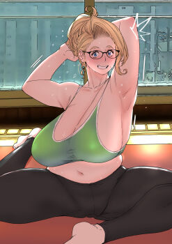 1girl ^^^ blonde_hair breasts butcherboy glasses highres huge_breasts mature_female original plump sagging_breasts smile solo yoga