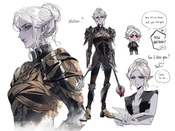 1girl armor baldur's_gate baldur's_gate_3 blood blood_on_face bloody_weapon book chibi closed_mouth colored_skin commentary dark_elf dual_wielding dungeons_&amp;_dragons dungeons_&amp;_dragons elf english_text grey_skin hashtag-only_commentary highres holding holding_book holding_mace holding_weapon lips looking_at_viewer mace minthara open_book pauldrons pointy_ears profile red_eyes short_hair shoulder_armor smile speech_bubble weapon white_hair zuosha