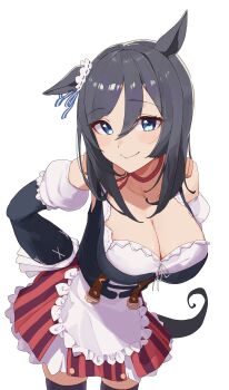 1girl absurdres animal_ears apron asobi_nin black_hair black_thighhighs blue_eyes blush bodice bow breasts choker cleavage closed_mouth collarbone dirndl ear_ornament ear_ribbon ear_scrunchie eishin_flash_(meisterschaft)_(umamusume) eishin_flash_(umamusume) german_clothes hair_between_eyes highres horse_ears horse_girl horse_tail large_breasts long_sleeves looking_at_viewer medium_hair red_choker red_skirt scrunchie shirt simple_background skirt smile solo striped_clothes striped_skirt tail thighhighs umamusume vertical-striped_clothes vertical-striped_skirt white_apron white_background white_scrunchie white_shirt zettai_ryouiki