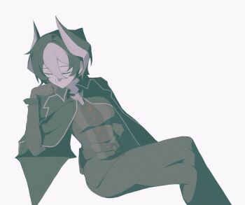 1girl black_cape black_hair black_horns black_pants black_shirt brown_gloves buttons cape closed_eyes commentary double-parted_bangs film_grain gloves hair_between_eyes head_rest highres horns invisible_chair logo made_in_abyss multicolored_hair multicolored_horns no_mouth ozen pants rafag shirt short_hair simple_background sitting solo striped_clothes striped_shirt symbol-only_commentary two-tone_hair two-tone_horns white_background white_hair white_horns