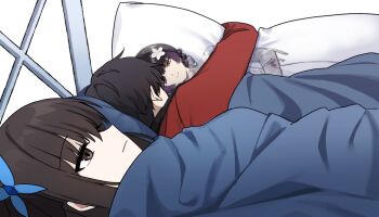 Rule 34 | 1boy, 1girl, 500 dollar four foot tall mareep (meme), bandaged arm, bandages, black hair, blanket, body pillow, brown eyes, butterfly hair ornament, closed mouth, commander (girls' frontline), commentary request, flower, girls' frontline, hair flower, hair ornament, highres, hugging object, jacket, korean commentary, lix (iroiro3843), long hair, lunasia (girls' frontline), machlian (girls' frontline), meme, multicolored hair, pillow, pillow hug, purple hair, red jacket, short hair, two-tone hair, under covers