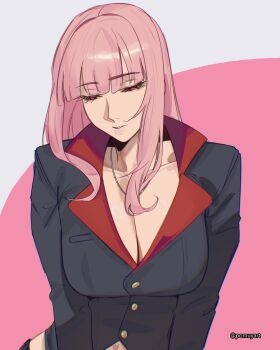 1girl black_jacket blunt_bangs breasts cleavage closed_mouth facing_viewer highres hololive hololive_english jacket jewelry lapels large_breasts long_hair mori_calliope navel necklace no_shirt notched_lapels parted_lips pink_background pink_hair pomuya red_eyes sidelocks simple_background solo straight_hair suit_jacket upper_body virtual_youtuber