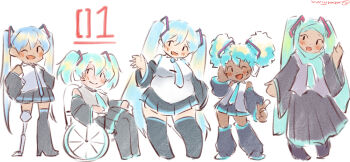 Rule 34 | 5girls, afro puffs, aqua hijab, breasts, dark-skinned female, dark skin, fat, fat woman, hatsune miku, headscarf, highres, hijab, hijab as hair, medium breasts, modesty cover, multiple girls, multiple persona, islam, necktie, prosthesis, prosthetic leg, skirt, small breasts, twintails, vocaloid, wheelchair, xixiriima