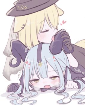 Rule 34 | 2girls, animal ears, arknights, bang dream!, bang dream! it's mygo!!!!!, black gloves, black hat, blonde hair, blue hair, blush, closed eyes, commentary request, dog ears, gloves, hat, heart, highres, into loji, licking horn, long hair, misumi uika, misumi uika (caged singer), multiple girls, open mouth, simple background, togawa sakiko, togawa sakiko (master of melodia), uncommon stimulation, white background, yellow eyes, yuri
