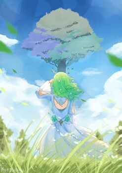 Rule 34 | 1girl, absurdres, antlers, artist name, back, ceres fauna, ceres fauna (1st costume), cloud, flower, from behind, grass, hair flower, hair ornament, highres, hololive, hololive english, horns, leaf, long hair, pyrokuro, sky, solo, tree, virtual youtuber