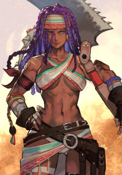 1girl anchor_tattoo ankle_holster arm_pouch bandaged_fingers bandages beads belt criss-cross_halter dark_skin darli_dagger dreadlocks female_focus hair_beads hair_ornament halterneck huge_weapon hungry_clicker looking_at_viewer multiple_belts muscular muscular_female navel samurai_spirits saw saw_cleaver shoulder_tattoo solo tattoo tool_belt tools upper_body very_dark_skin weapon