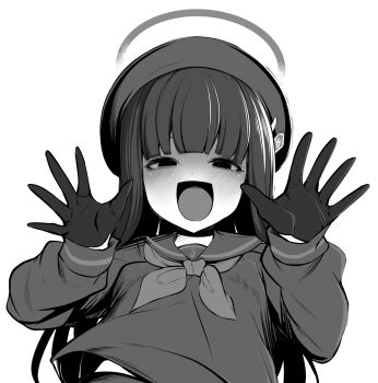 1girl beret blue_archive gloves greyscale half-closed_eyes halo hands_up hat highres justice_task_force_member_(blue_archive) long_hair long_sleeves looking_at_viewer mine_thrower_(ore_no_bakudan) monochrome neckerchief open_mouth shirt smile solo upper_body