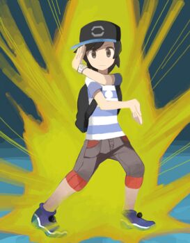 Rule 34 | aura, backpack, bag, black hair, elio (pokemon), hat, male focus, nika (happyakuman), nintendo, oekaki, pokemon, pokemon sm, shirt, shoes, striped clothes, striped shirt, watch, z-move trainer pose