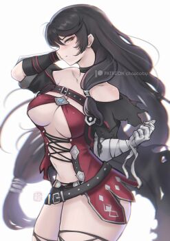 Rule 34 | 1girl, absurdres, artist name, bandaged arm, bandages, belt, belt buckle, black belt, black cape, black hair, blush, breasts, buckle, cape, chascoby, cleavage, closed mouth, commentary, english commentary, highres, long hair, looking at viewer, loose belt, low-tied long hair, solo, tales of (series), tales of berseria, torn clothes, underboob, velvet crowe, very long hair, white background, yellow eyes