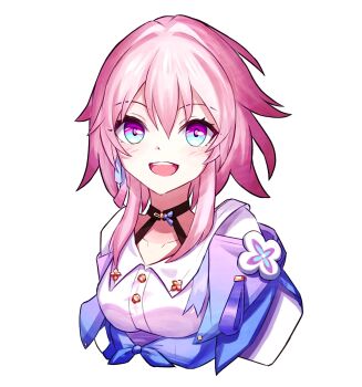 1girl :d black_choker blue_eyes blue_jacket choker collarbone highres honkai:_star_rail honkai_(series) jacket looking_at_viewer march_7th_(honkai:_star_rail) march_7th_(preservation)_(honkai:_star_rail) multicolored_eyes open_mouth pink_hair purple_eyes shirt short_hair simple_background smile solo two-tone_eyes upper_body white_background white_shirt yoi_(a27963244)