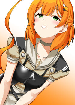 1girl ahoge apron black_corset blush choker commentary_request corset green_eyes grey_apron grey_choker grey_sailor_collar hair_ornament hairclip highres huge_ahoge kamelie kantai_collection kaya_(kancolle) open_mouth orange_hair sailor_collar sailor_shirt school_uniform serafuku shirt short_hair short_sleeves solo two-tone_background