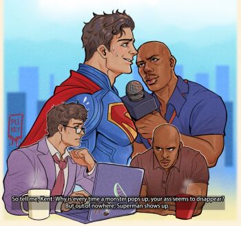 2boys absurdres bald black_hair blue_background blue_bodysuit blue_eyes blue_shirt bodysuit brown_shirt cape clark_kent closed_mouth computer cup dark-skinned_male dark_skin dc_comics dexter_(tv_series) facial_hair formal_clothes glasses highres holding holding_microphone jacket james_doakes laptop looking_at_another male_focus microphone multiple_boys mustache necktie profile purple_jacket purple_suit red_cape red_necktie shirt short_hair short_sleeves smile suit superman superman_(2025) superman_(series) sweat tazahan upper_body white_shirt