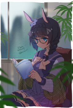 1girl animal_ears black-framed_eyewear black_hair blue_eyes blush book bow bowtie braid braided_ponytail breasts closed_mouth crown_braid ear_ornament ear_scrunchie glasses green_shawl holding holding_book horse_ears horse_girl horse_tail indoors koruri long_hair looking_at_viewer medium_breasts plant potted_plant purple_sailor_collar purple_serafuku purple_shirt purple_skirt purple_thighhighs rain reading sailor_collar sailor_shirt school_uniform serafuku shawl shirt sitting skirt solo tail thighhighs tracen_school_uniform umamusume white_bow white_bowtie window zenno_rob_roy_(umamusume)