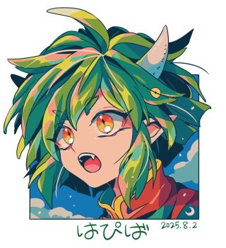 1girl border commentary_request dated draco_centauros dragon_girl fang green_hair highres horns looking_ahead mizuki_tsukimori open_mouth portrait puyopuyo sidelocks solo translation_request white_border