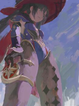 1girl absurdres armor black_gloves breasts brush_stroke daodtt embroidery from_below fur_trim genshin_impact gloves gold_embroidery gold_thighlet gold_trim hair_between_eyes hat highleg highleg_leotard highres jewelry leotard mona_(genshin_impact) shoulder_armor small_breasts solo thighlet traditional_media twintails vambraces witch_hat