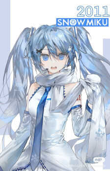 Rule 34 | 1girl, absurdres, aqua eyes, aqua hair, aqua necktie, arm tattoo, blush, breasts, character name, collared shirt, commentary request, detached sleeves, grey skirt, hair between eyes, hair ornament, hatsune miku, highres, long hair, long sleeves, looking at viewer, medium breasts, mittens, necktie, number tattoo, official alternate costume, open mouth, pleated skirt, pye yyy, scarf, shirt, skirt, sleeveless, sleeveless shirt, smile, snowflake print, snowflakes, solo, tattoo, twintails, very long hair, vocaloid, white mittens, white scarf, white shirt, yuki miku, yuki miku (2011)