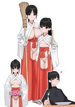 4girls absurdres black_eyes black_hair breasts broom commentary_request fffukuzawa hakama high_ponytail highres japanese_clothes kosode large_breasts multiple_girls nontraditional_miko original personality_excrement ponytail red_hakama sandals small_breasts zouri