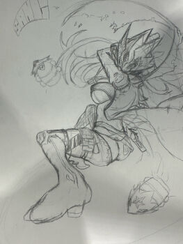 bad_anatomy beelstarmon beelstarmon_x-antibody belt breasts digimon digimon_(creature) graphite_(medium) highres long_hair mask sketch third_eye traditional_media underboob unfinished