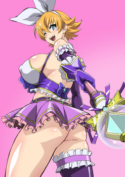 1girl absurdres ass bare_back bare_shoulders blonde_hair blue_eyes detached_sleeves female_focus highres holding holding_wand igawa_sakura looking_at_viewer looking_back magical_girl makinaru no_panties one_eye_closed open_mouth short_hair simple_background solo taimanin_(series) taimanin_asagi wand