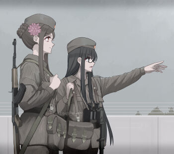 2girls absurdres alternate_costume ammunition_pouch arm_up belt black_belt black_hair brown_hair brown_jacket brown_pants closed_mouth cold_war east_germany flower garrison_cap glasses gretel_jeckeln gun_sling hair_bun hair_flower hair_ornament hat highres jacket kalashnikov_rifle long_hair looking_to_the_side lotus_hair_ornament military military_uniform multiple_girls muv-luv muv-luv_alternative nationale_volksarmee nguyen_tam_lee nva_uniform open_mouth outdoors pants pham_thi_ran pink_flower pouch purple_eyes schwarzesmarken short_hair sidelocks standing strichtarn