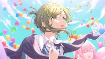 balloon closed_eyes cloud game_cg green_eyes green_hair idolmaster idolmaster_shiny_colors idolmaster_shiny_colors_song_for_prism nanakusa_hazuki official_art open_mouth