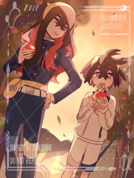 1boy 1girl :d apple_tree applin black_hair blue_jacket blue_pants blueberry_academy_school_uniform carmine_(pokemon) colored_inner_hair crossed_bangs gen_8_pokemon hair_between_eyes hairband highres jacket kieran_(pokemon) long_hair long_sleeves looking_at_another mole mole_on_neck mole_under_eye multicolored_hair nintendo open_mouth outdoors pants pokemon pokemon_sv purple_hair red_hair school_uniform shorts siblings smile standing suikaels sunset tree two-tone_hair upper_body white_jacket white_shorts yellow_bag yellow_eyes yellow_hairband