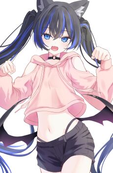 1girl :3 animal_ears arm_cutout arms_up black_choker black_hair black_panties black_shorts black_wings blue_eyes blue_streaks blush cat_choker cat_ears choker clenched_hands clothing_cutout commentary commission cowboy_shot cropped_hoodie crossed_bangs demon_wings drawstring gradient_wings highleg highleg_panties highres hood hoodie izuno_(izunoyoshiki) long_hair low_wings midriff multicolored_hair multicolored_wings navel original panties panty_straps pink_hoodie purple_wings short_shorts shorts sidelocks skeb_commission solo streaked_hair twintails underwear very_long_hair white_background wings