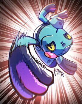 alternate_color birbmonsta commentary croagunk english_commentary full_body gen_4_pokemon highres motion_blur nintendo no_humans nostrils pokemon pokemon_(creature) pokemon_focus shiny_pokemon smile solo teeth