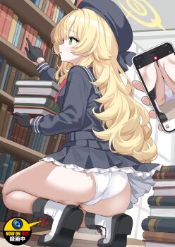 1girl 1other ass beret black_gloves black_hat black_sailor_collar black_serafuku black_shoes black_skirt blonde_hair blue_archive blue_serafuku blue_skirt book bookshelf boots bow bowtie breasts cellphone commentary_request commission fluffy_hair frilled_skirt frills gloves green_eyes halo hat hidden_camera highres holding holding_book holding_phone indoors library long_hair long_sleeves miniskirt panties pantyhose phone pile_of_books pixiv_commission pleated_skirt professor_niyaniya_(blue_archive) recording red_bow red_bowtie sailor_collar school_uniform serafuku shimouki_izui shoes side_ahoge skirt small_breasts smartphone socks solo_focus squatting thighs underwear upskirt variant_set very_long_hair voyeur_pov voyeurism white_panties white_socks yellow_halo