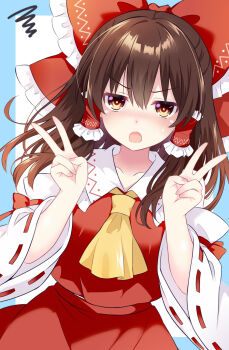 1girl ascot blush bow brown_eyes brown_hair collarbone commentary detached_sleeves double_v frilled_bow frilled_hair_tubes frills hair_bow hair_tubes hakurei_reimu highres long_hair looking_at_viewer open_mouth red_bow red_skirt ribbon-trimmed_sleeves ribbon_trim skirt skirt_set smile solo squiggle sweatdrop tanaka_shoushou_fumimaro touhou v yellow_ascot
